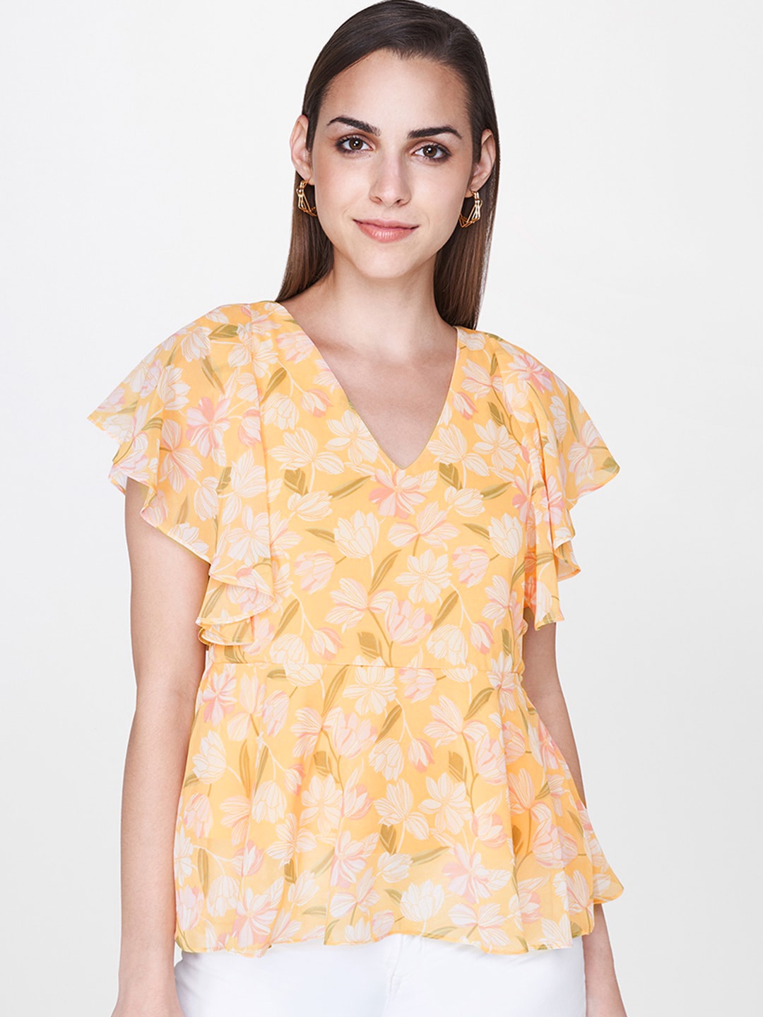 

AND Women Yellow & White Floral Printed A-Line Top with Flutter Sleeves