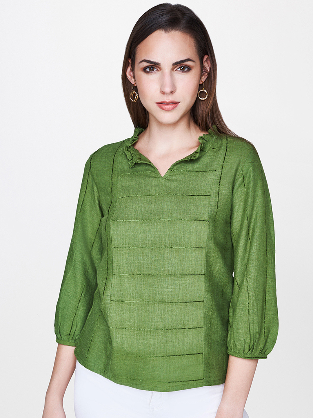 

AND Women Green Self Striped Top
