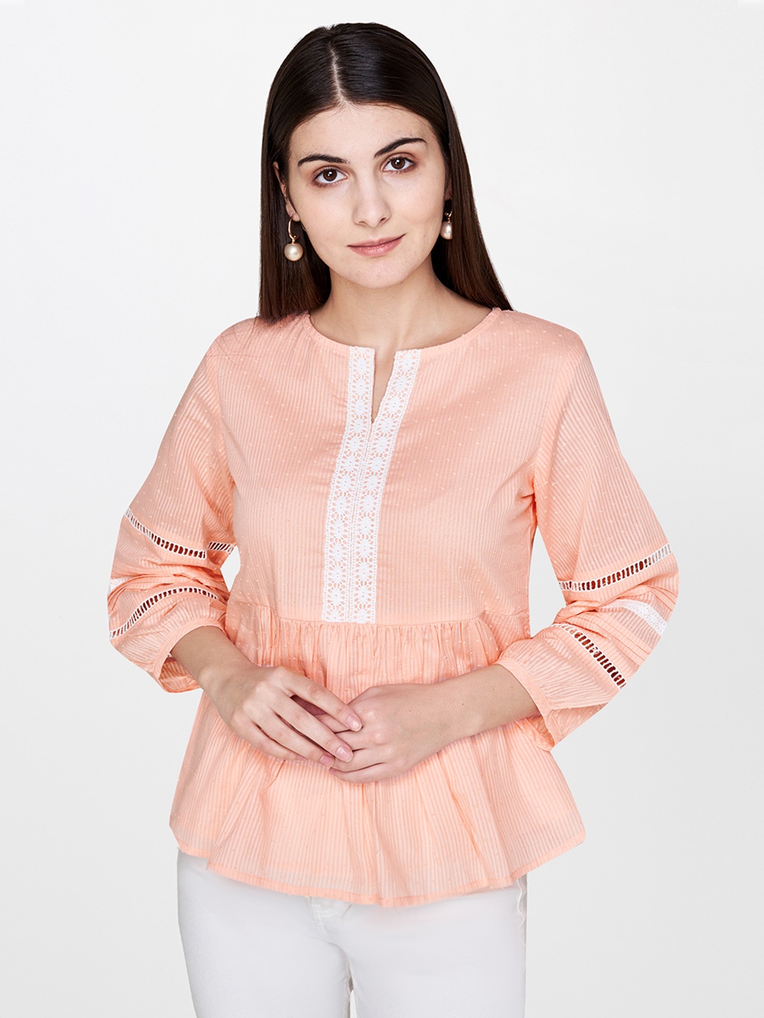 

AND Women Peach-Coloured Striped A-Line Pure Cotton Top With Embroidered Detailing