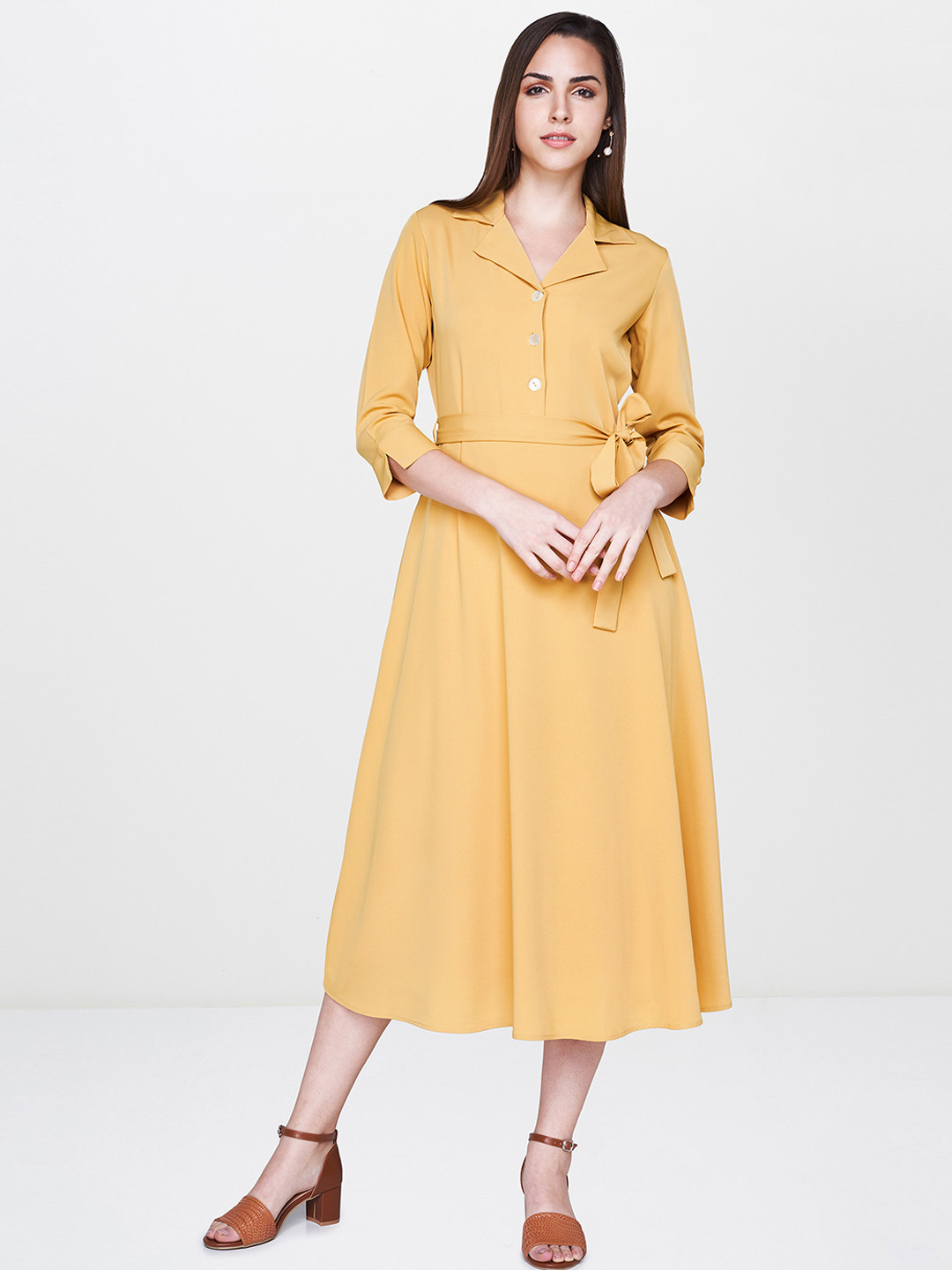 

AND Women Mustard Yellow Solid Fit and Flare Dress
