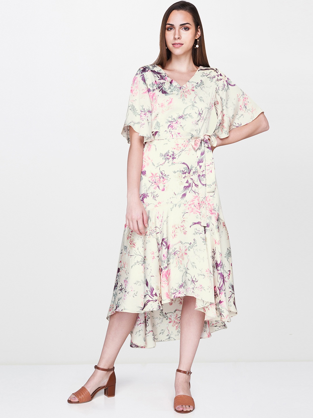 

AND Women Cream-Coloured & Pink Printed Fit and Flare Dress