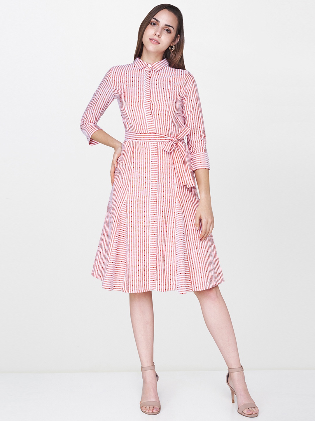 

AND Women Red Striped Fit and Flare Dress