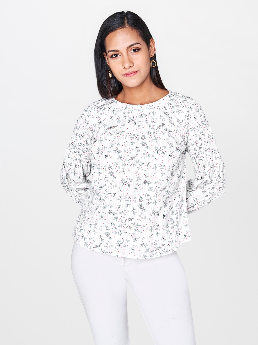 

AND Women White & Green Printed Top With Smocking Detail