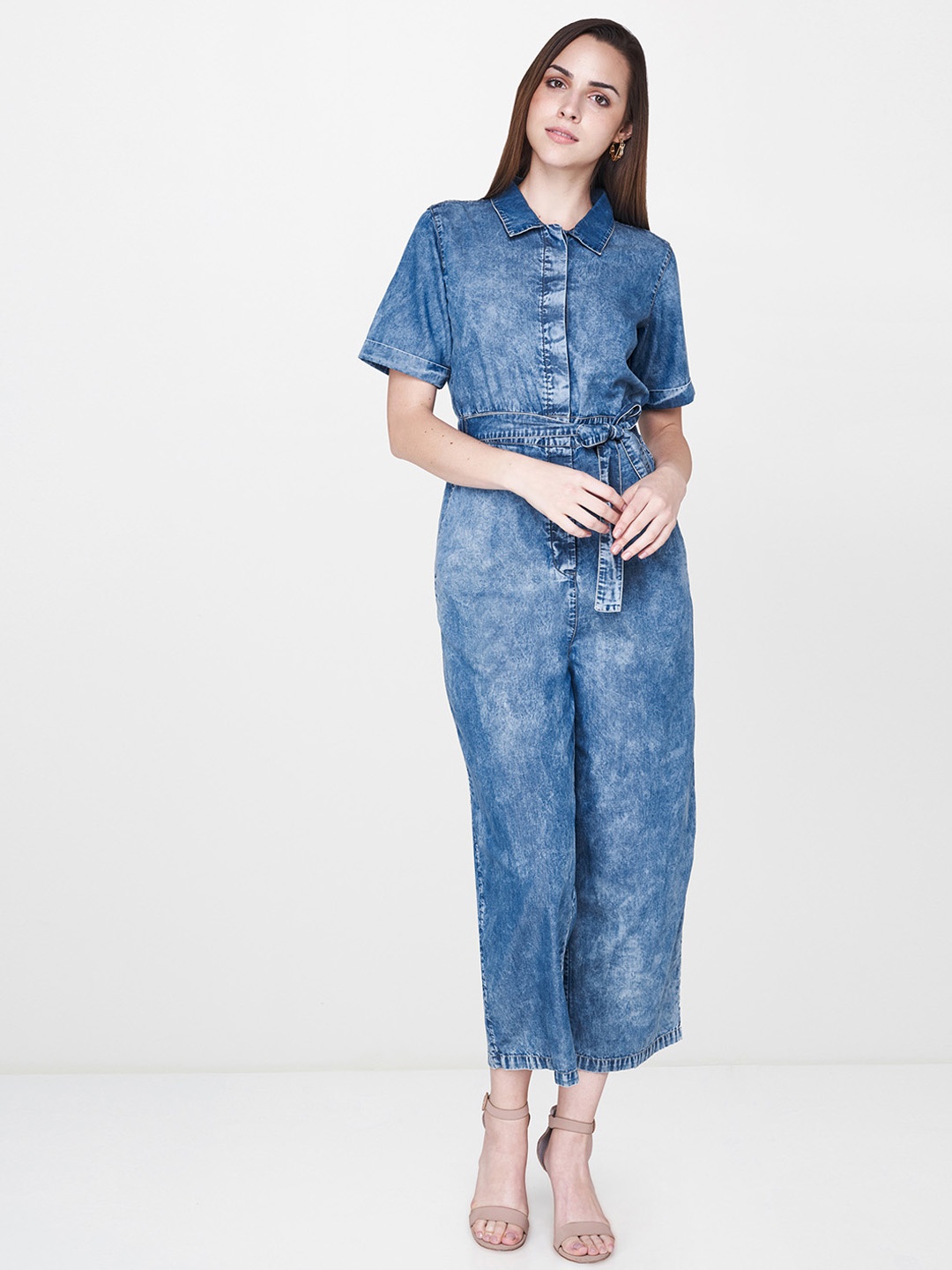 

AND Women Blue Solid Basic Denim Jumpsuit with Waist Tie-Up Detailing