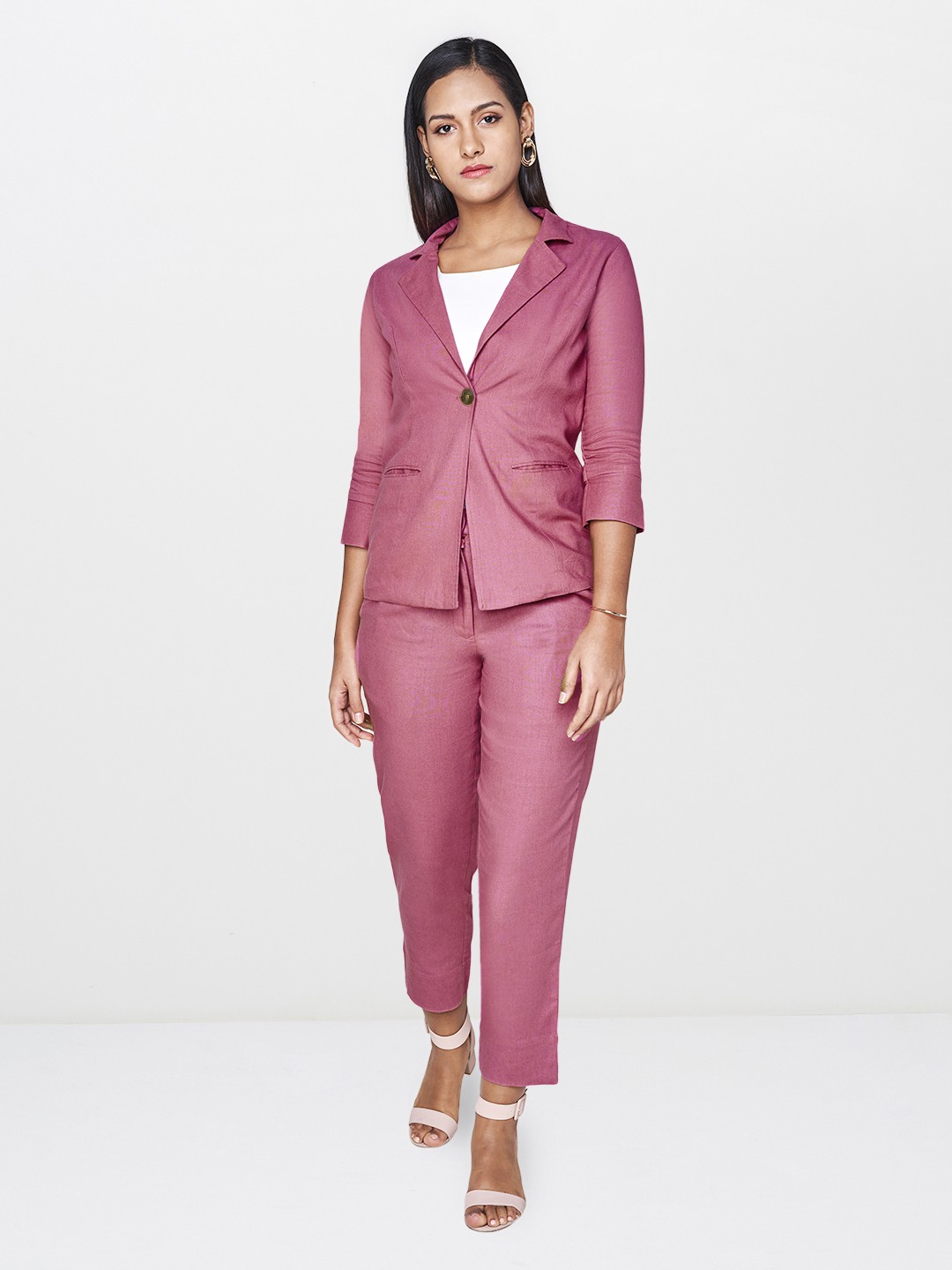 

AND Women Pink Solid Light Weight Tailored Fit Single-Breasted Casual Linen Blazer