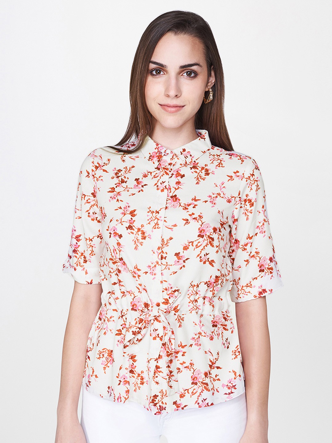 

AND Women White & Red Regular Fit Printed Casual Shirt