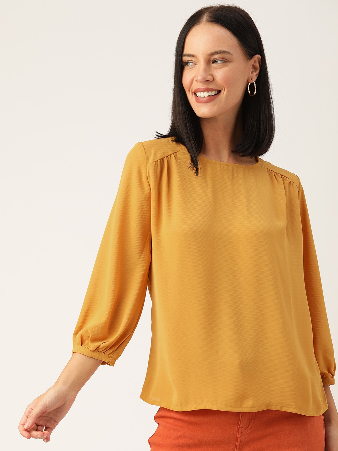 

AND Women Mustard Yellow Solid Top with Gathers
