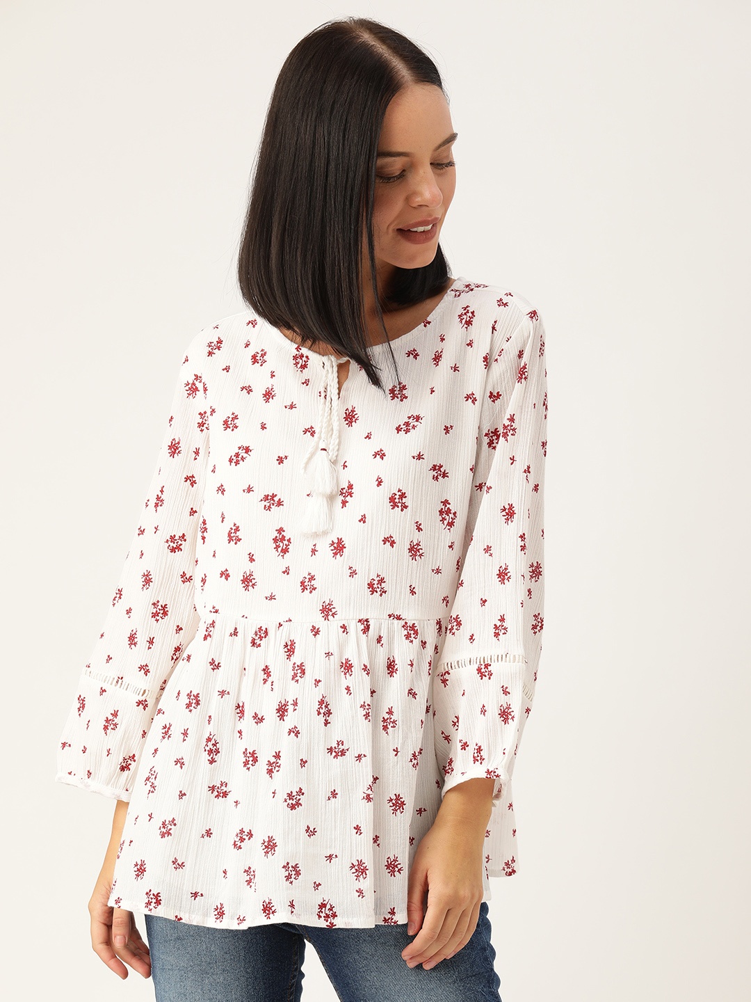 

AND Women White & Maroon Printed A-Line Pure Cotton Top with Gathers