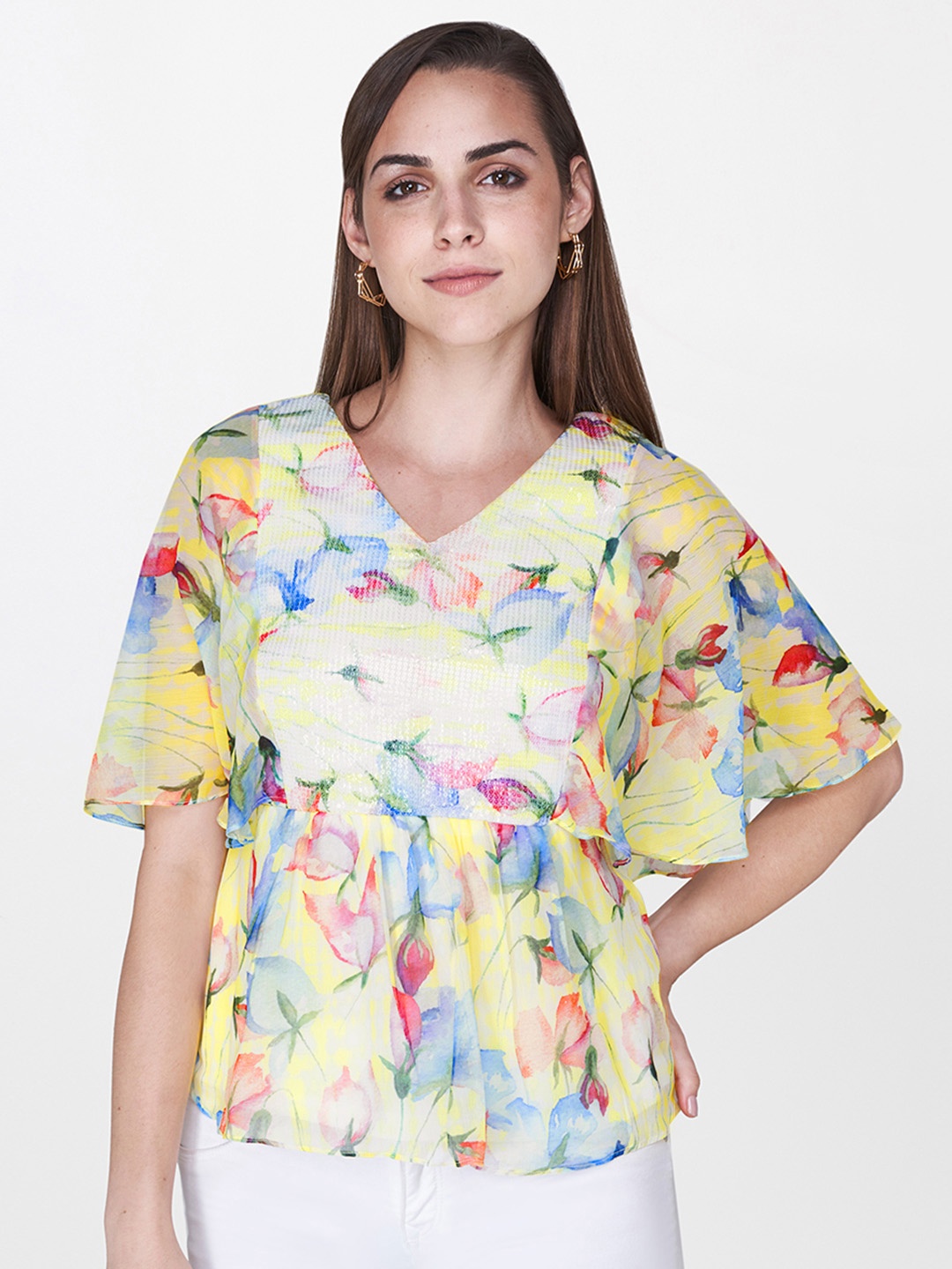 

AND Women Yellow & Blue Printed A-Line Top with Sequinned Detailing