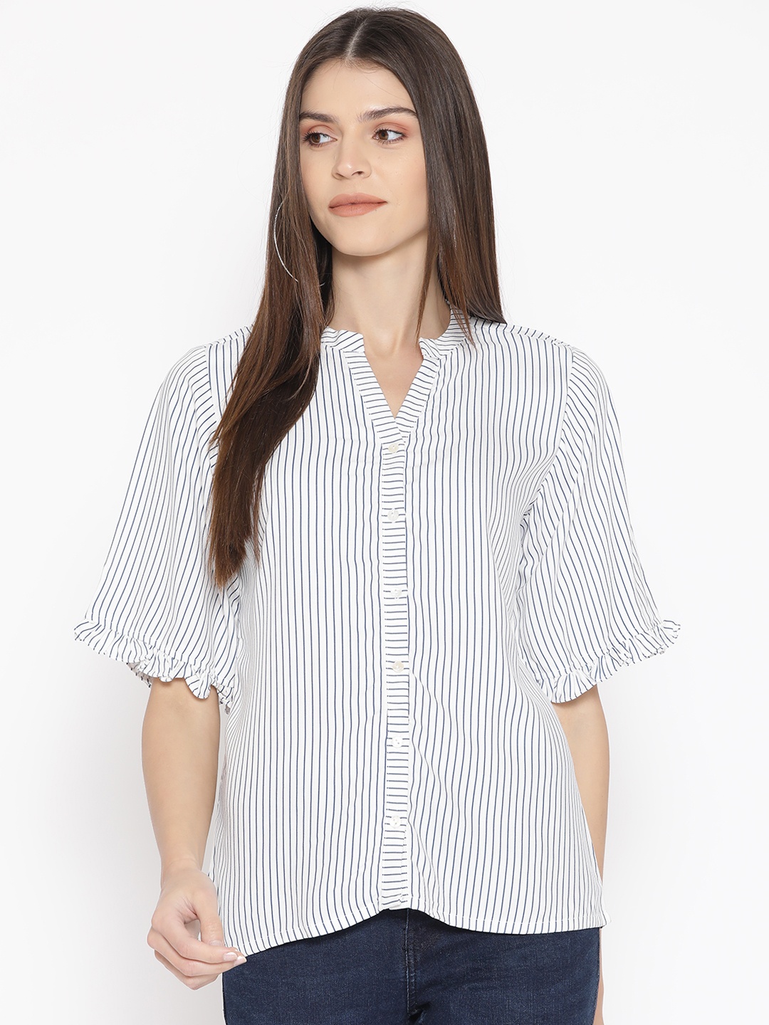 

AND Women White & Navy Blue Striped Top