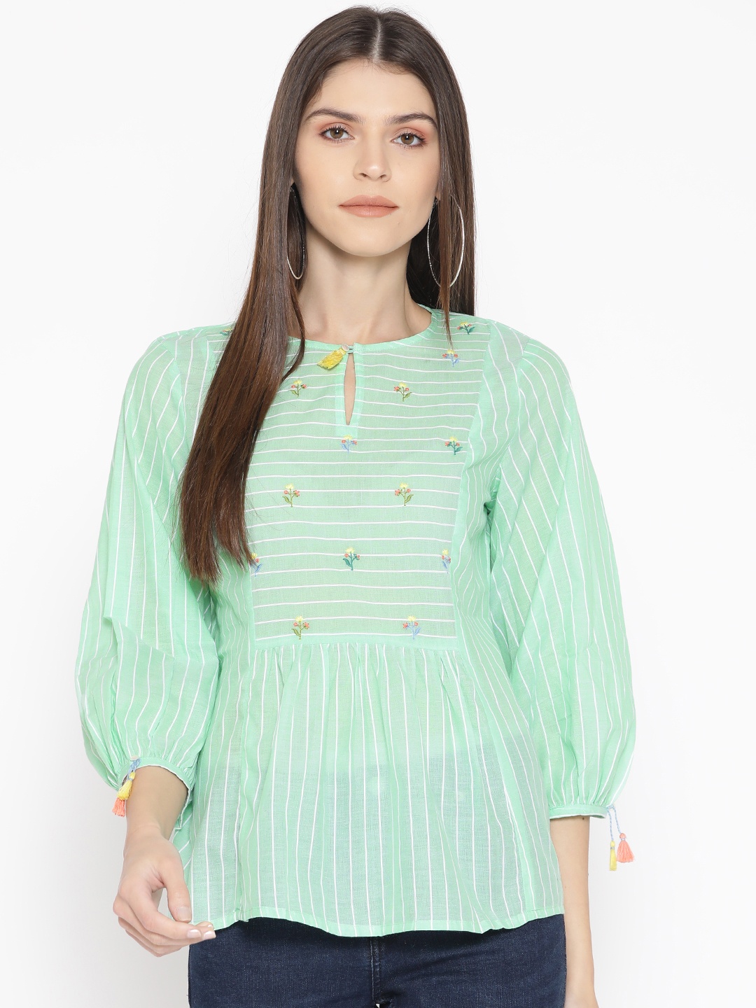 

AND Women Green & White Striped A-Line Pure Cotton Top