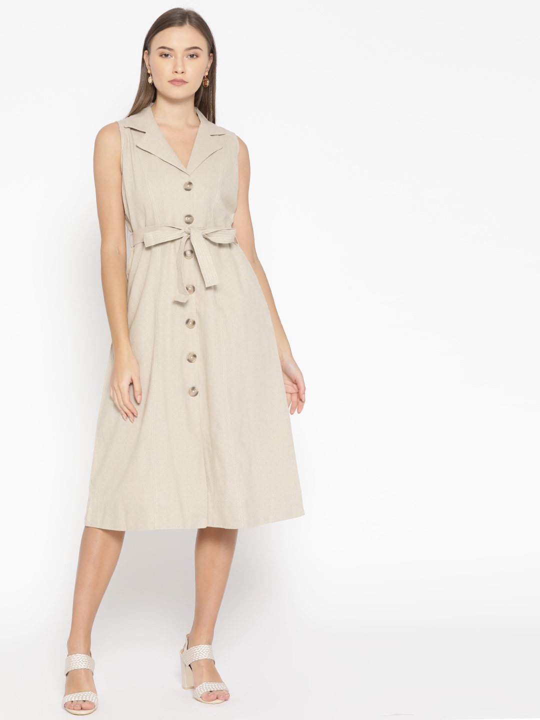 

AND Women Beige Solid Shirt-Style Dress