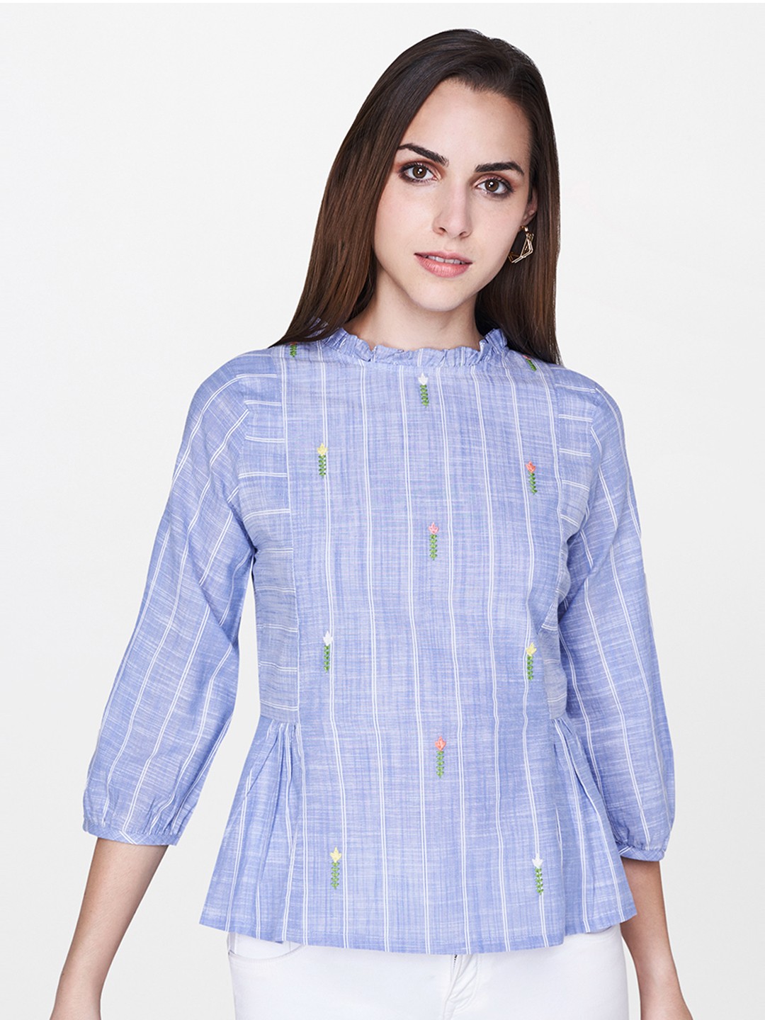 

AND Women Blue & White Striped A-Line Pure Cotton Top with Embroidered Details
