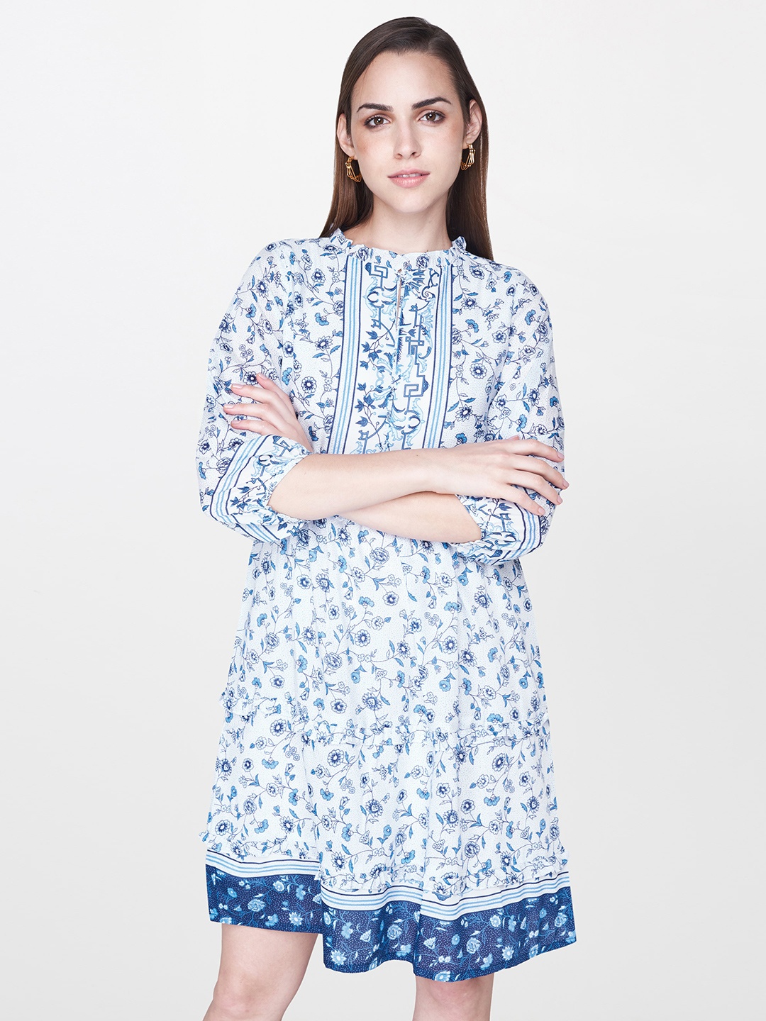 

AND Women White & Blue Printed A-Line Dress