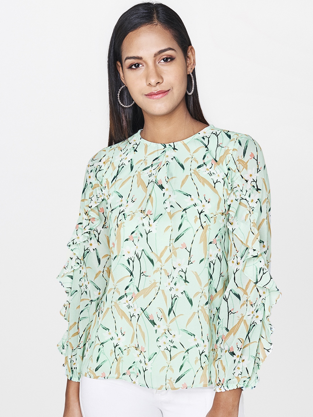 

AND Women Sea Green & Blue Floral Print Top