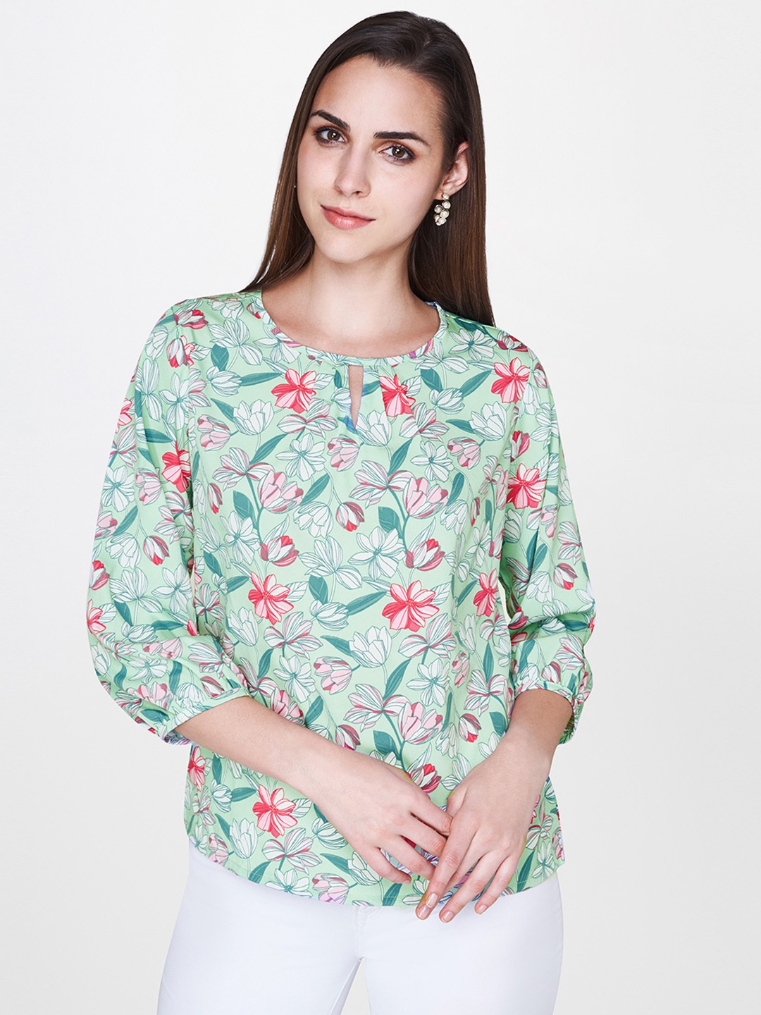 

AND Women Green & Pink Floral Print Top