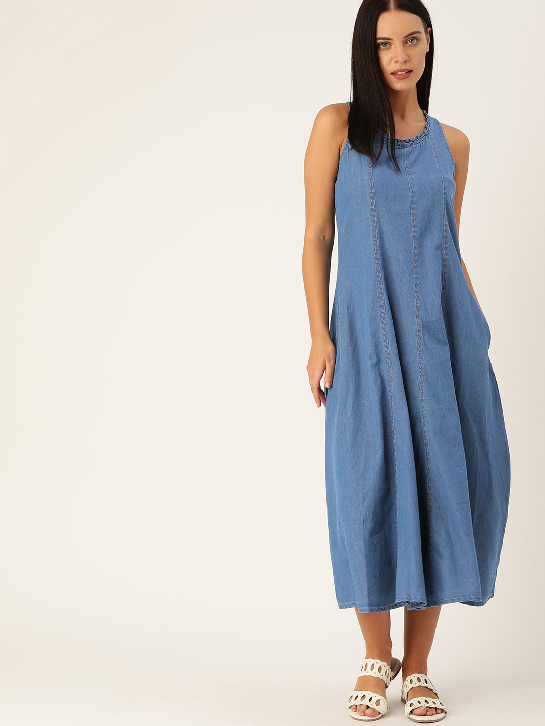 

AND Women Blue Solid A-Line Chambray Dress With Tie-Up Detail