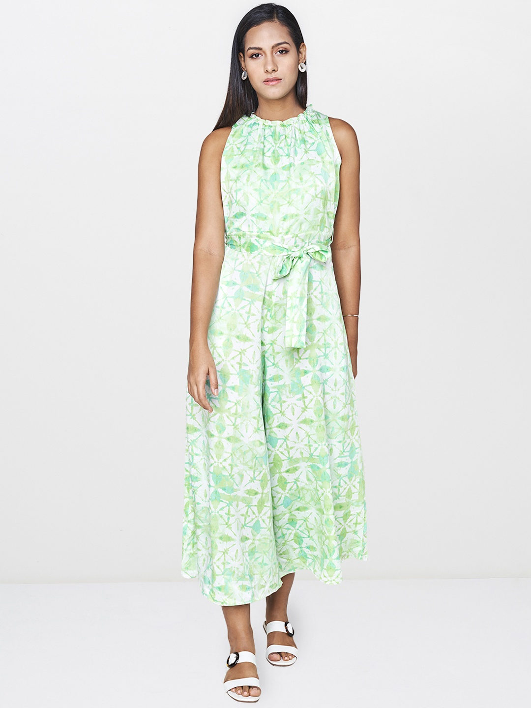 

AND Women Green & White Printed Basic Jumpsuit with Waist Tie-Up Detailing