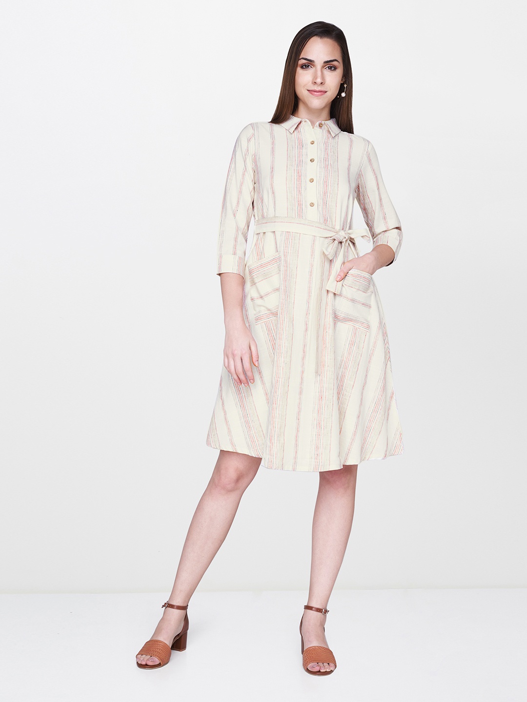 

AND Women Off-White & Red Striped Shirt Dress