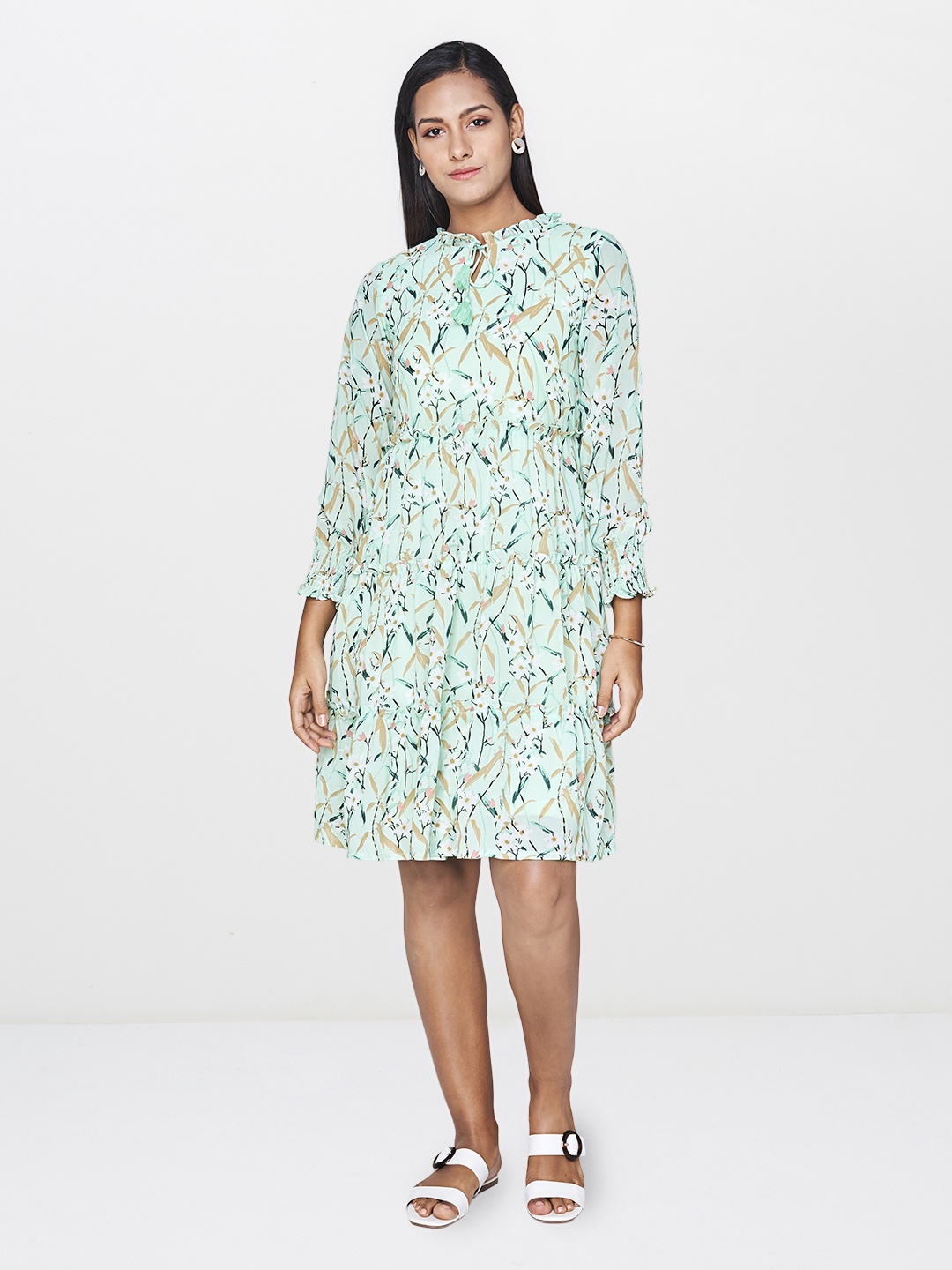 

AND Women Green & White Printed Fit and Flare Layered Dress