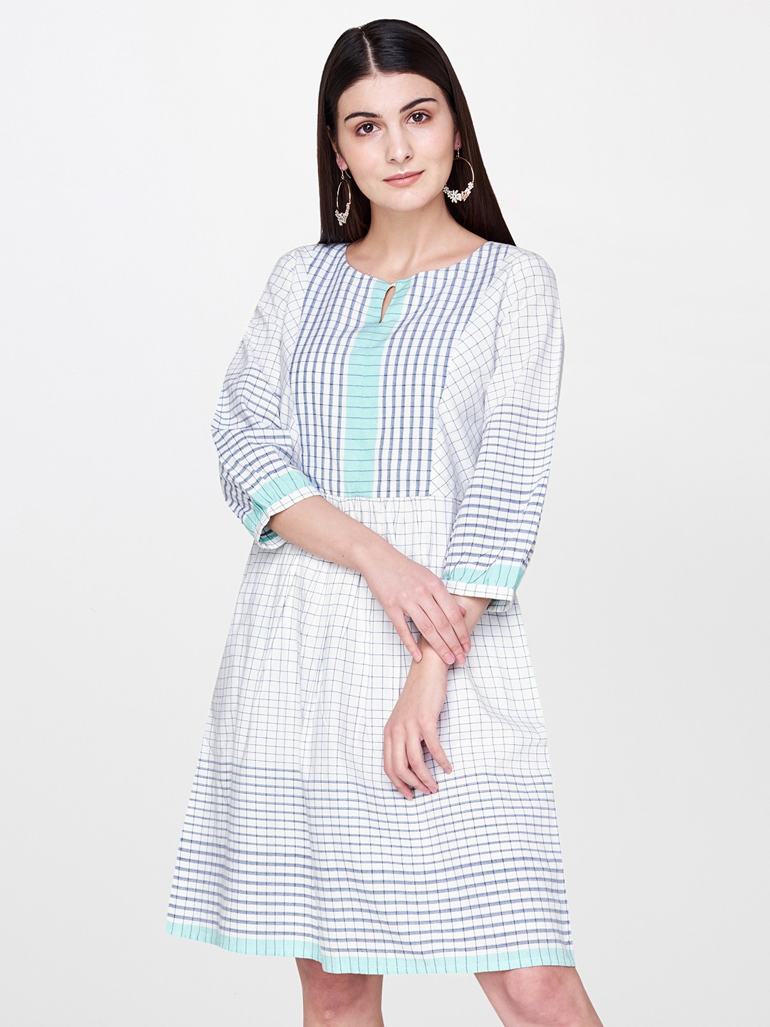 

AND Women White & Navy Blue Checked A-Line Dress