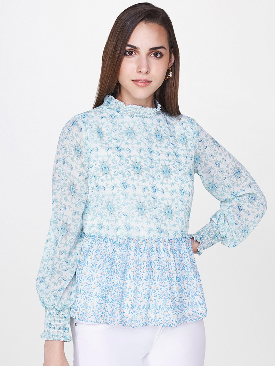 

AND Women White & Sea Green Printed A-Line Top with Gatherers