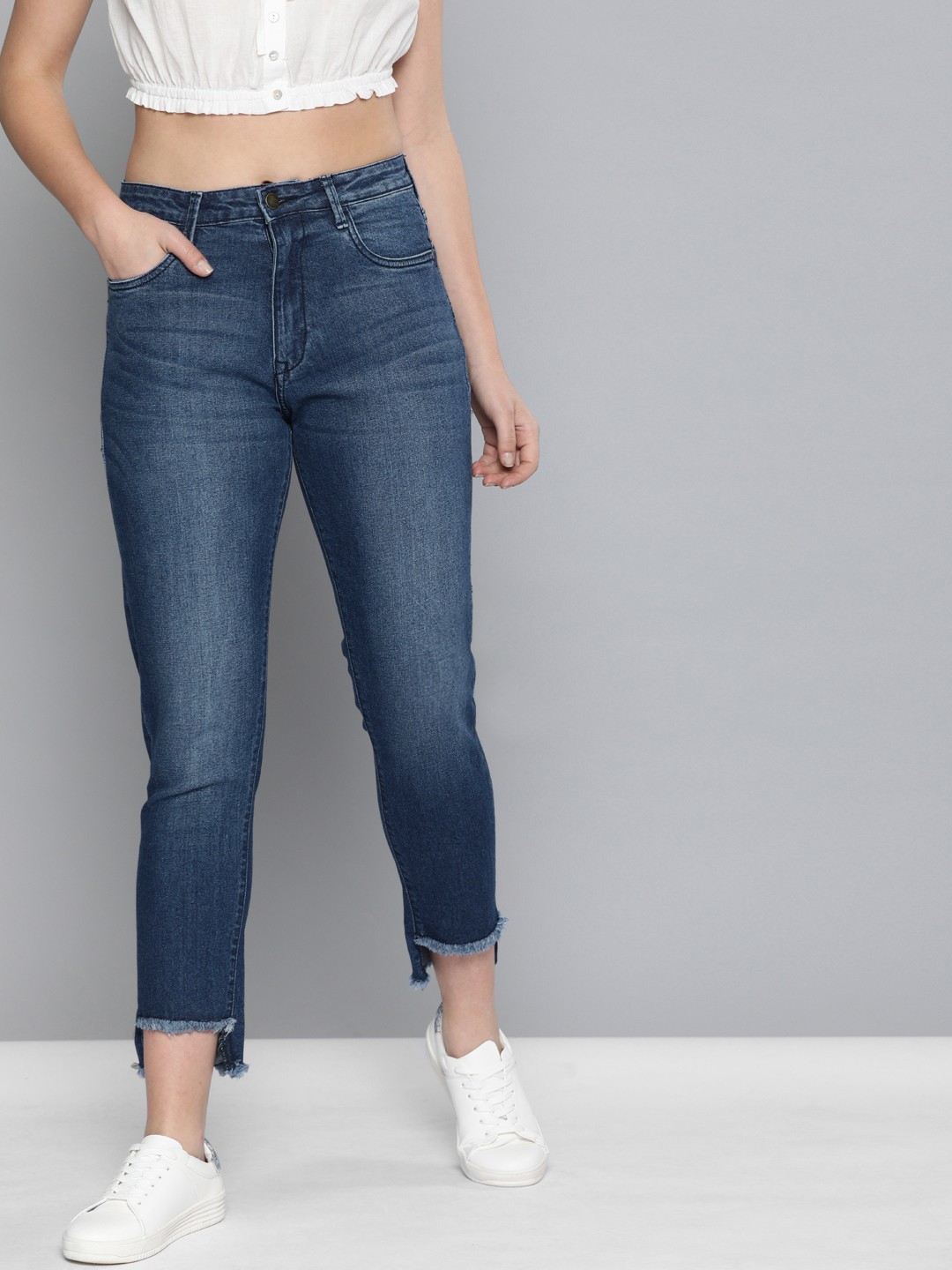 

Mast & Harbour Women Blue Boyfriend Fit High-Rise Clean Look Uneven Hem Cropped Jeans