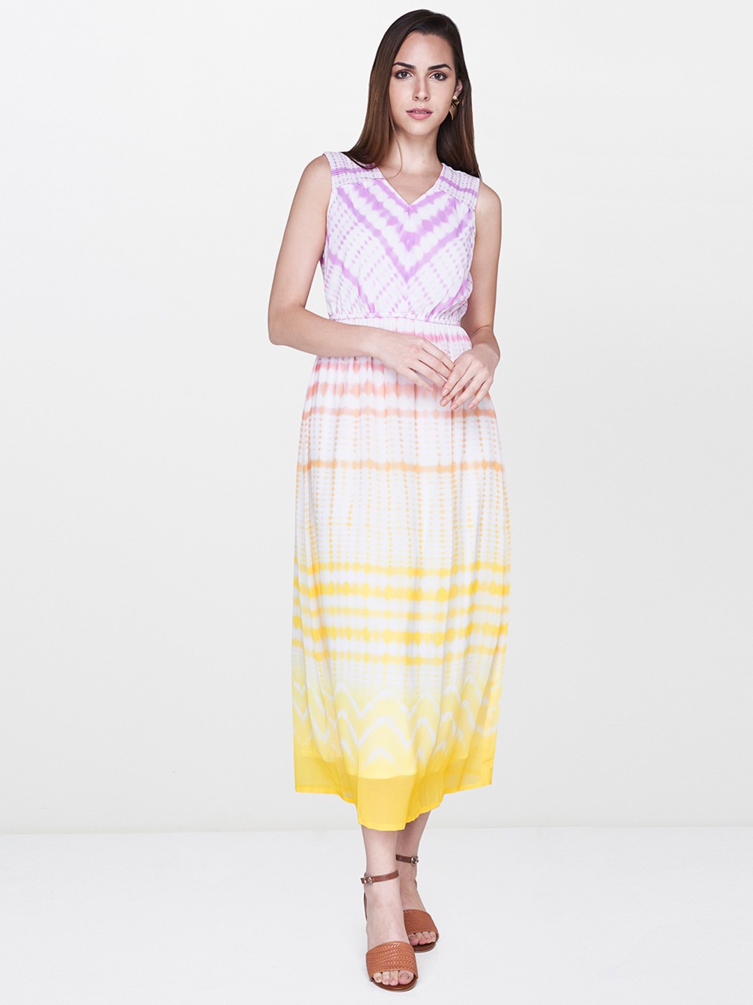 

AND Women White & Purple Dyed Maxi Dress With Smocked Effect