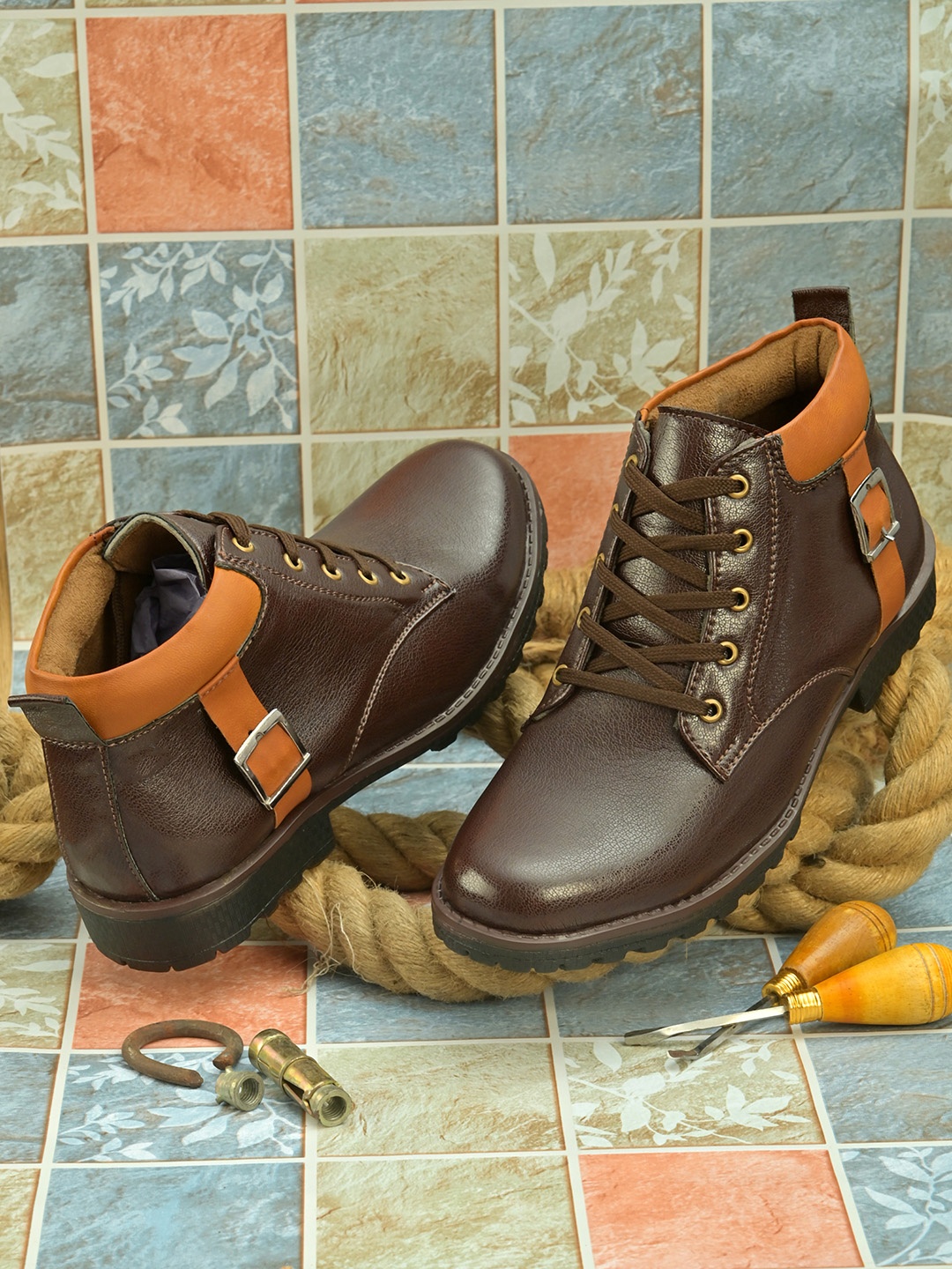 

Sir Corbett Men Brown Solid Mid-Top Flat Boots
