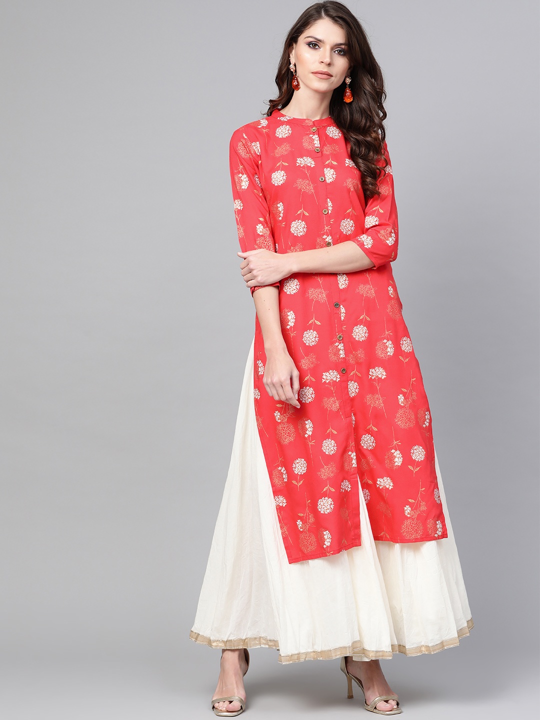 

AHIKA Women Coral Red & Off-White Printed Straight Kurta