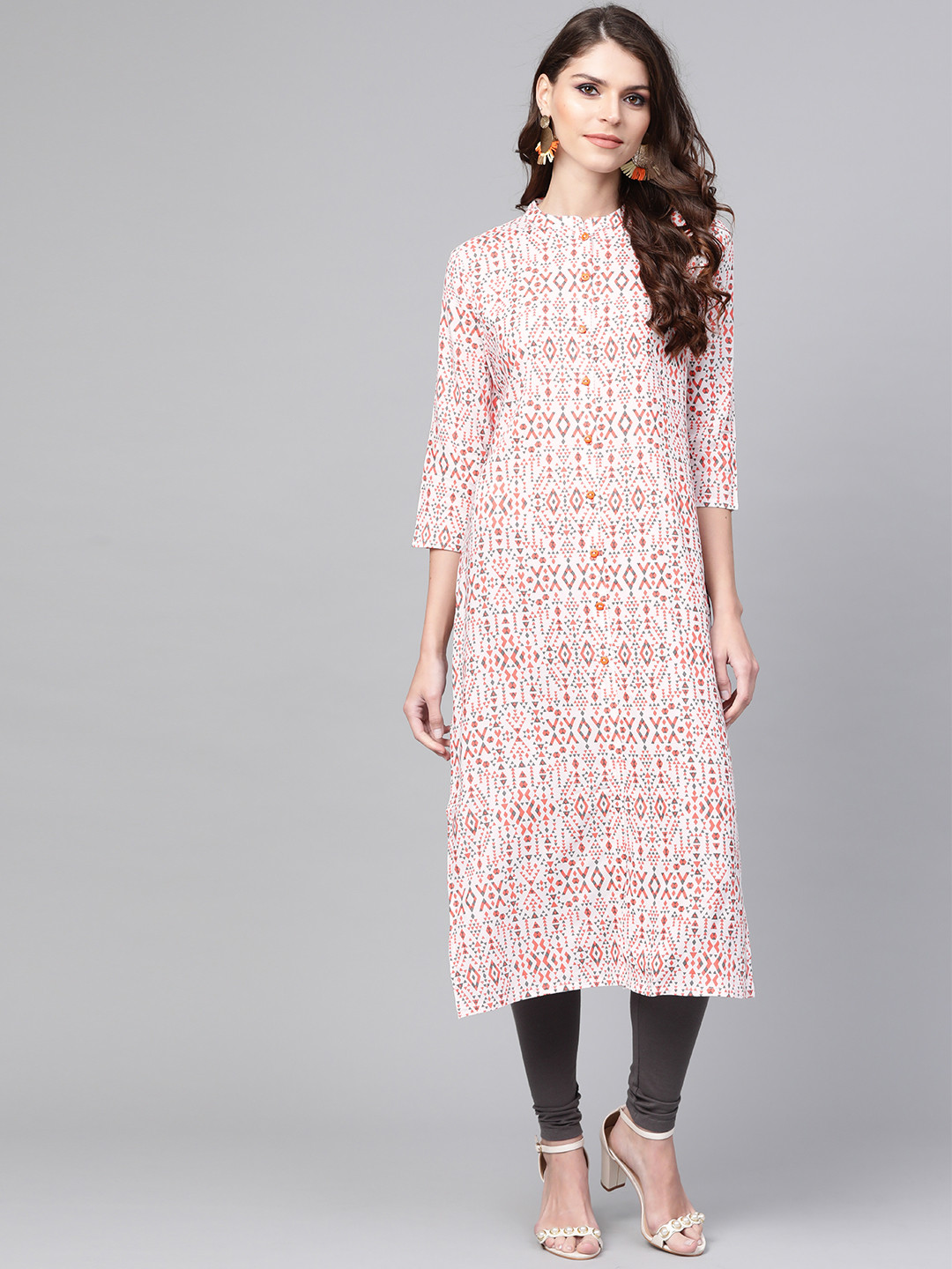 

AHIKA Women White & Orange Printed Straight Kurta