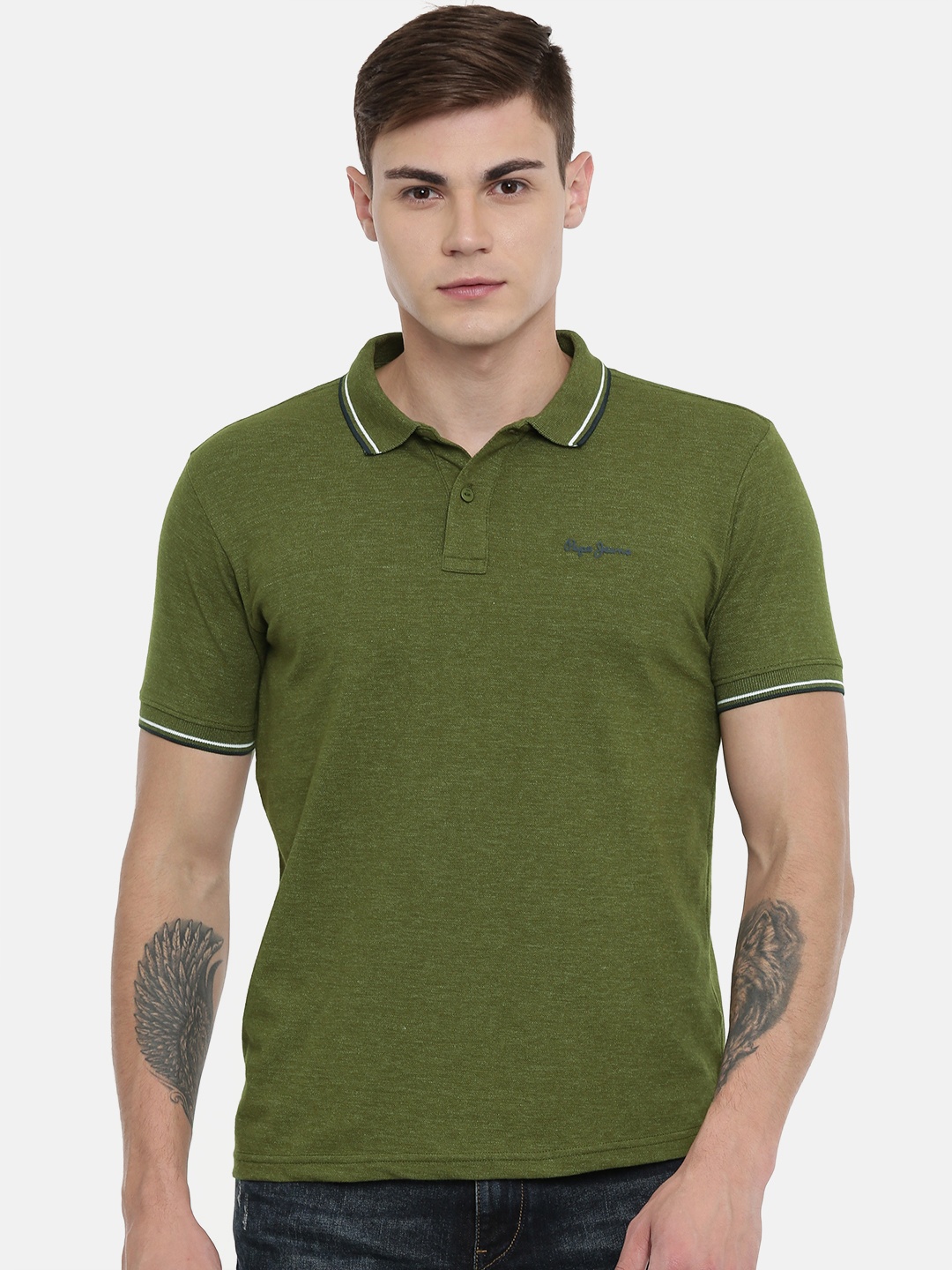 

Pepe Jeans Men Olive Green Solid Polo Collar T-shirt