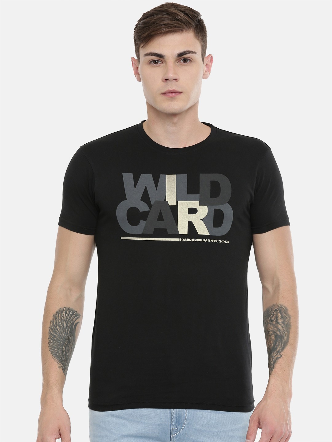 

Pepe Jeans Men Black Slim Fit Printed Round Neck Pure Cotton T-shirt
