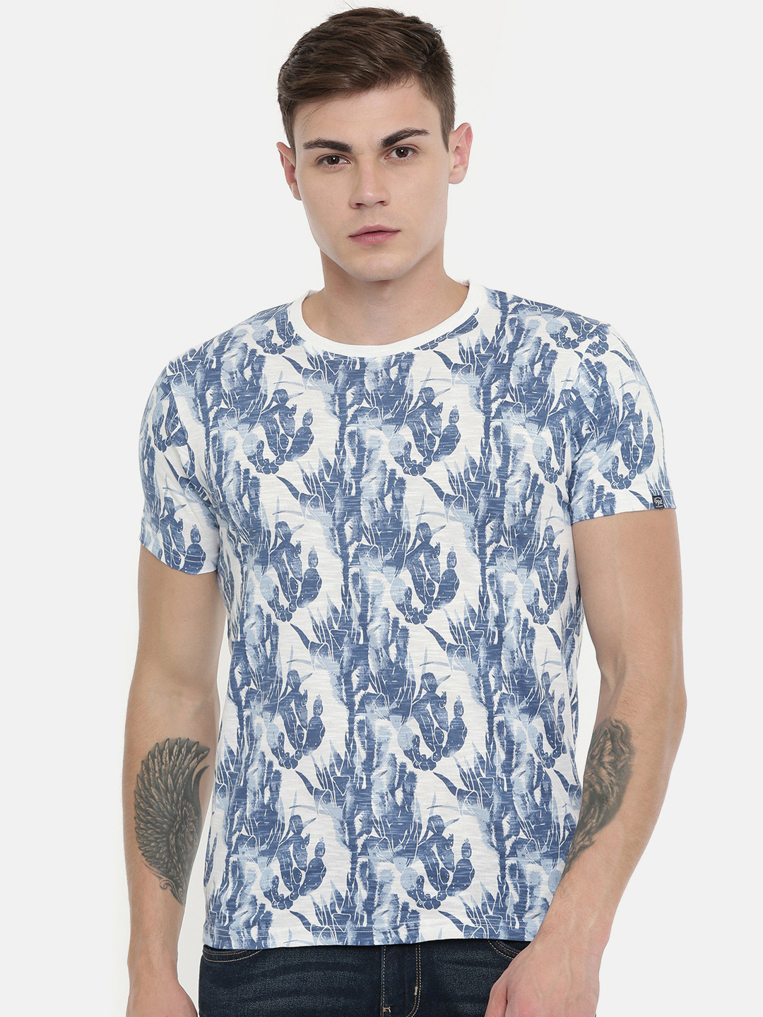 

Pepe Jeans Men White Blue Slim Fit Printed Round Neck Pure Cotton T-shirt