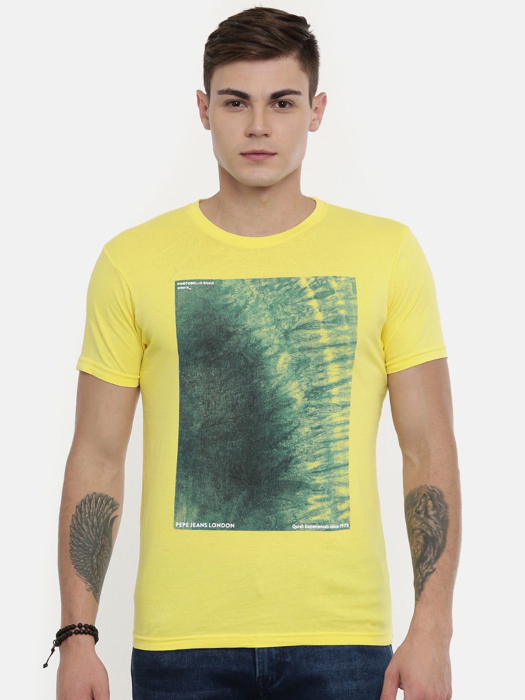 

Pepe Jeans Men Yellow Printed Elvin SS Slim Fit Round Neck Pure Cotton T-shirt