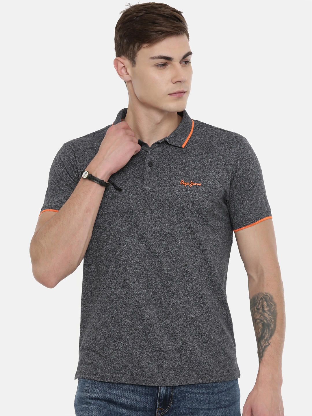 

Pepe Jeans Men Charcoal Grey Solid Polo Collar T-shirt