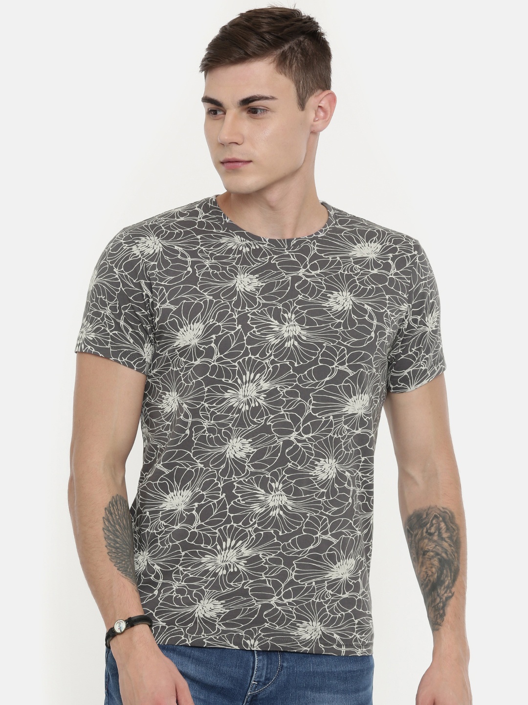 

Pepe Jeans Men Charcoal Grey Printed Blackburn SS Slim Fit Round Neck Pure Cotton T-shirt