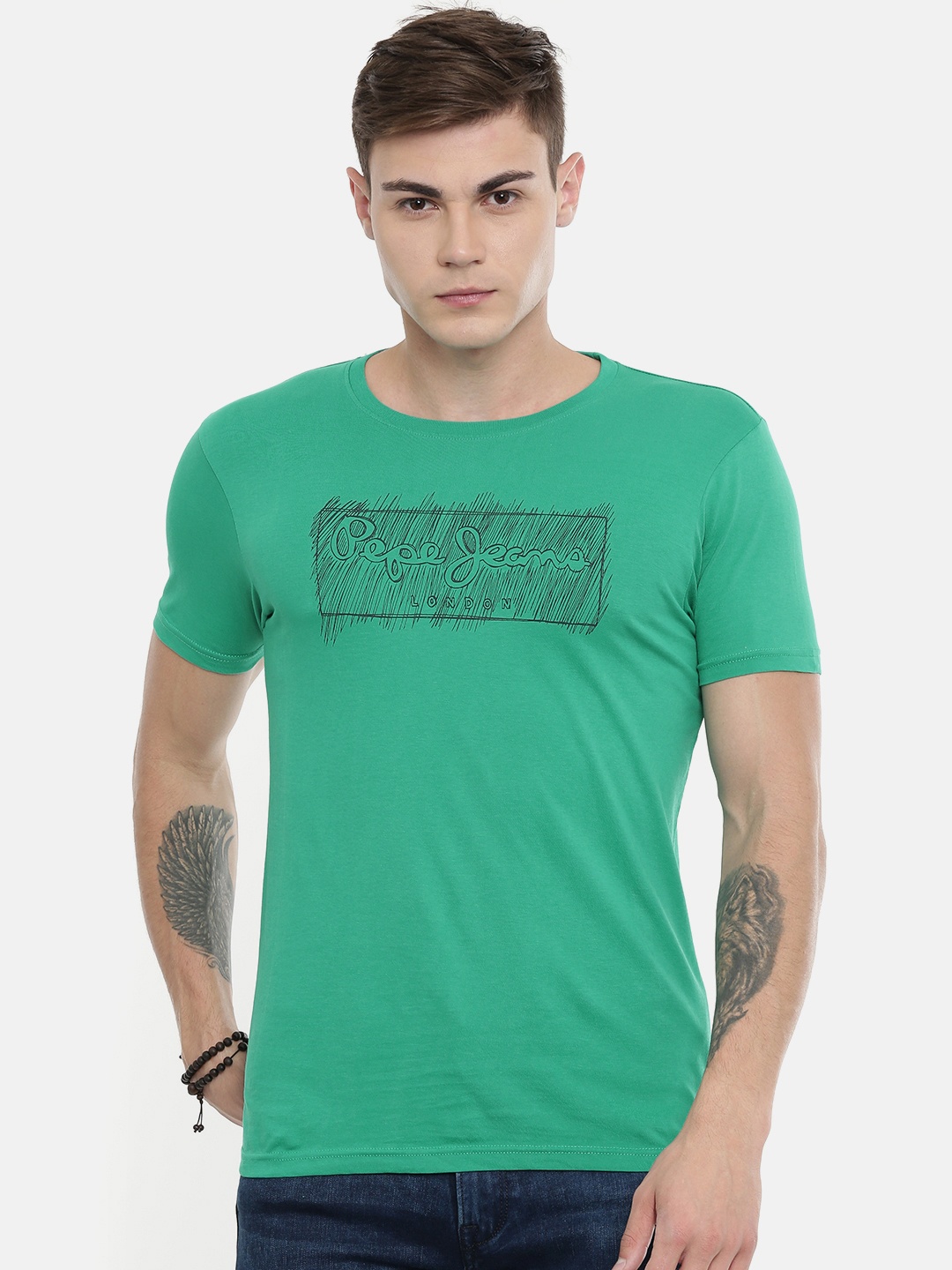 

Pepe Jeans Men Green Printed Boomer SS Slim Fit Round Neck Pure Cotton T-shirt