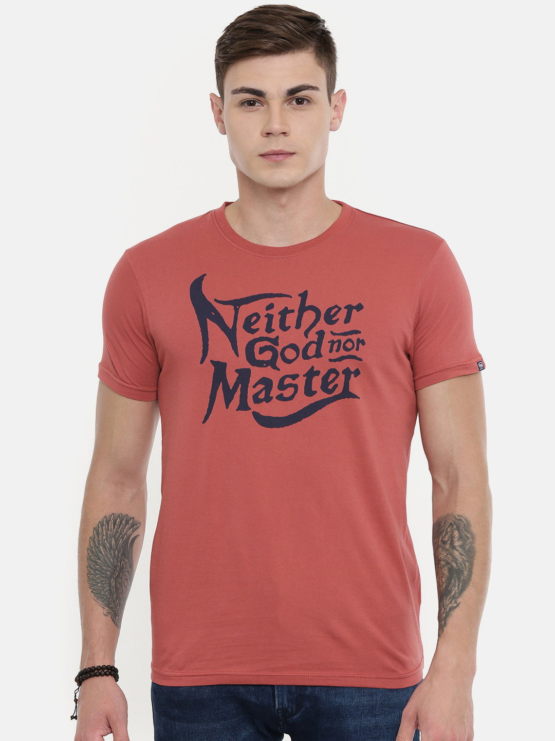 

Pepe Jeans Men Rust Red Slim Fit Printed Round Neck Pure Cotton T-shirt