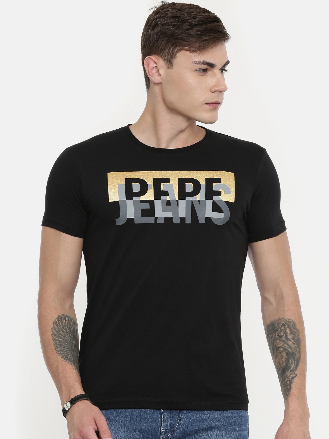 

Pepe Jeans Men Black Printed Hiro Hss Slim Fit Round Neck Pure Cotton T-shirt
