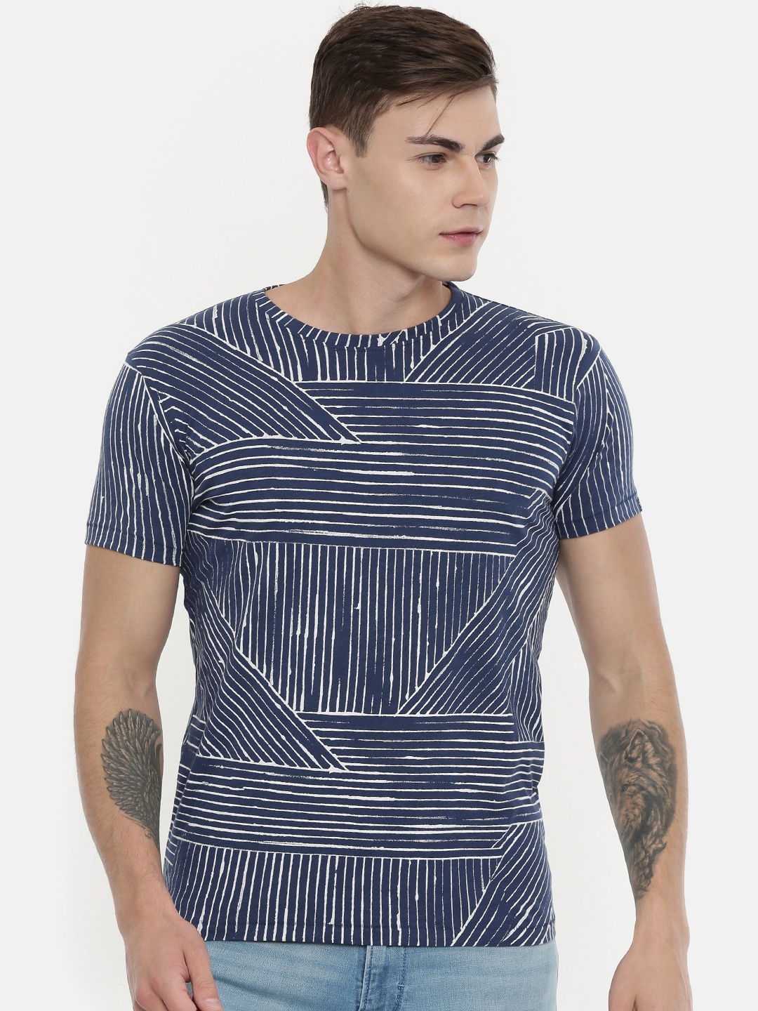 

Pepe Jeans Men Navy Blue White Slim Fit Striped Round Neck Pure Cotton T-shirt