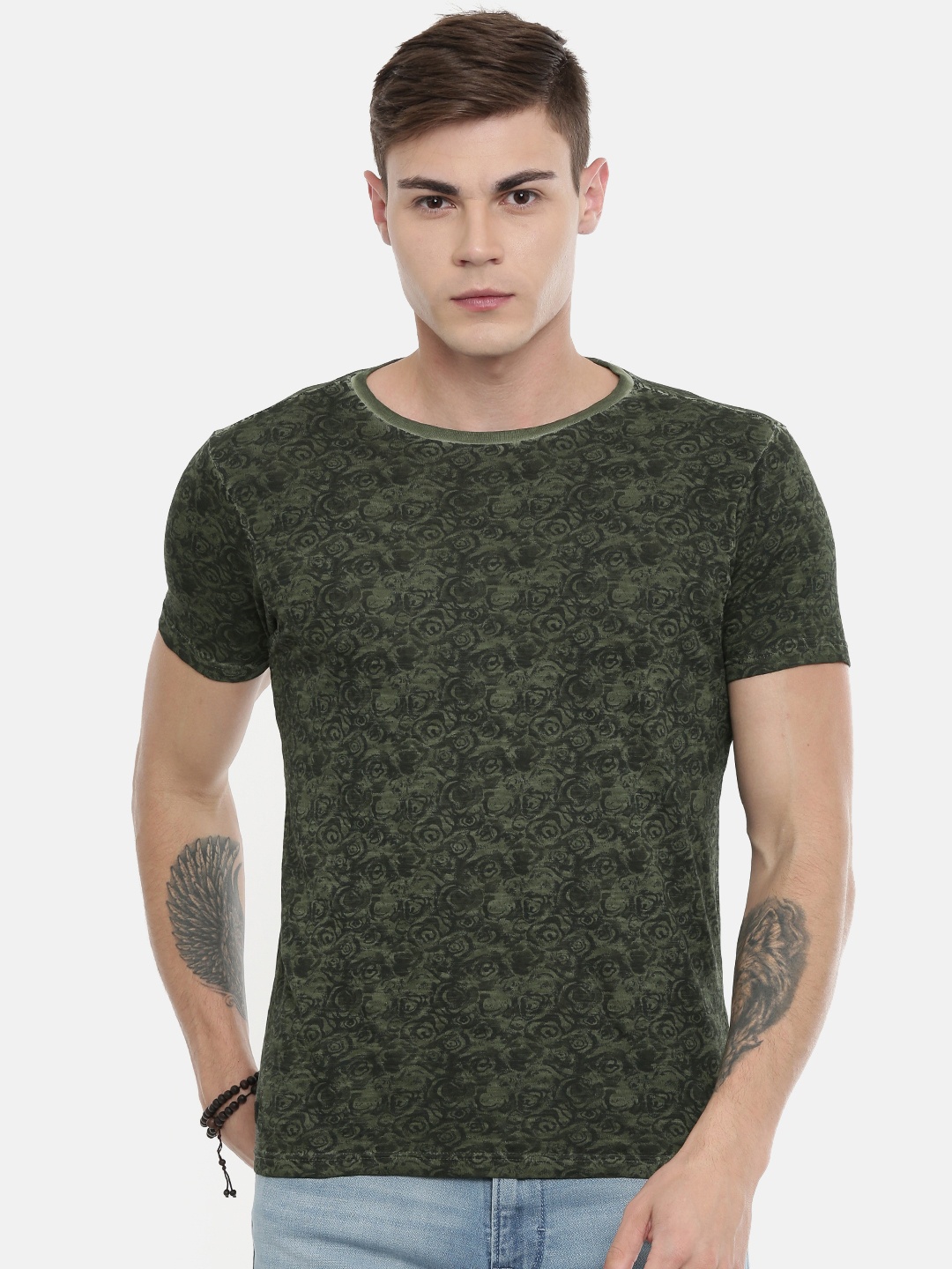 

Pepe Jeans Men Olive Green Black Printed Spincer SS Slim Fit Round Neck Pure Cotton T-shirt