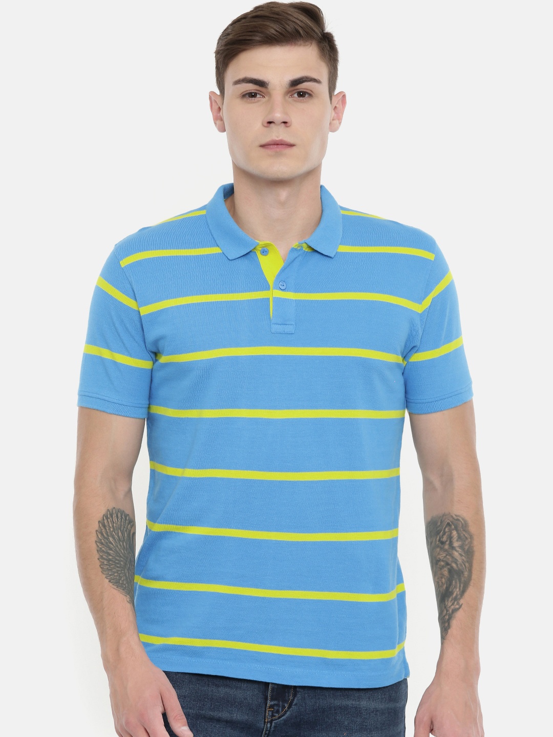 

Pepe Jeans Men Blue And Yellow Striped Round Neck Pure Cotton T-shirt