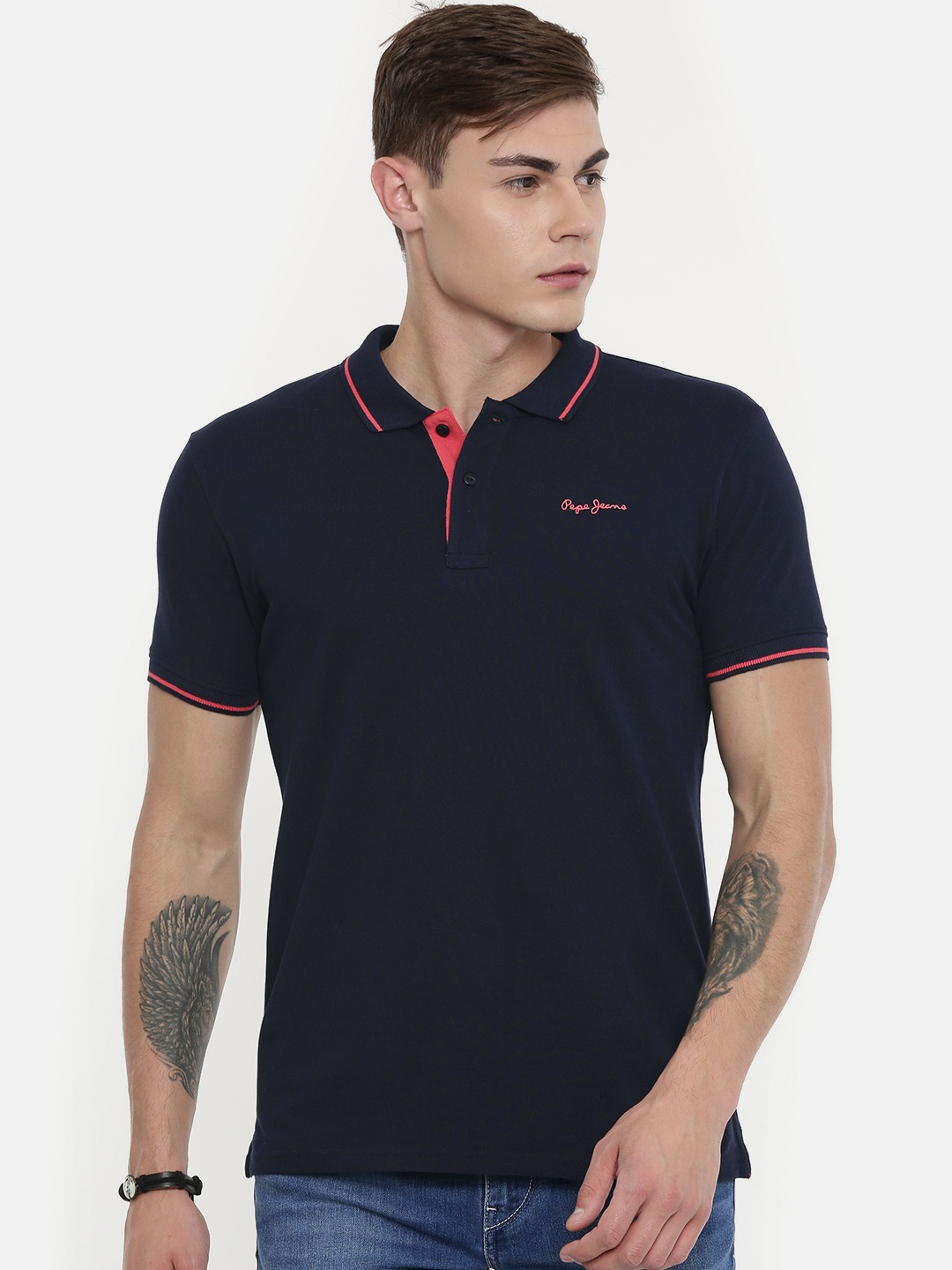 

Pepe Jeans Men Navy Blue Solid Maxton SS Polo Collar Pure Cotton T-shirt