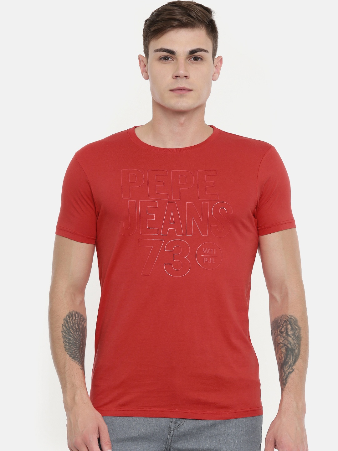 

Pepe Jeans Men Coral Red Solid Round Neck Slim Fit Pure Cotton T-shirt