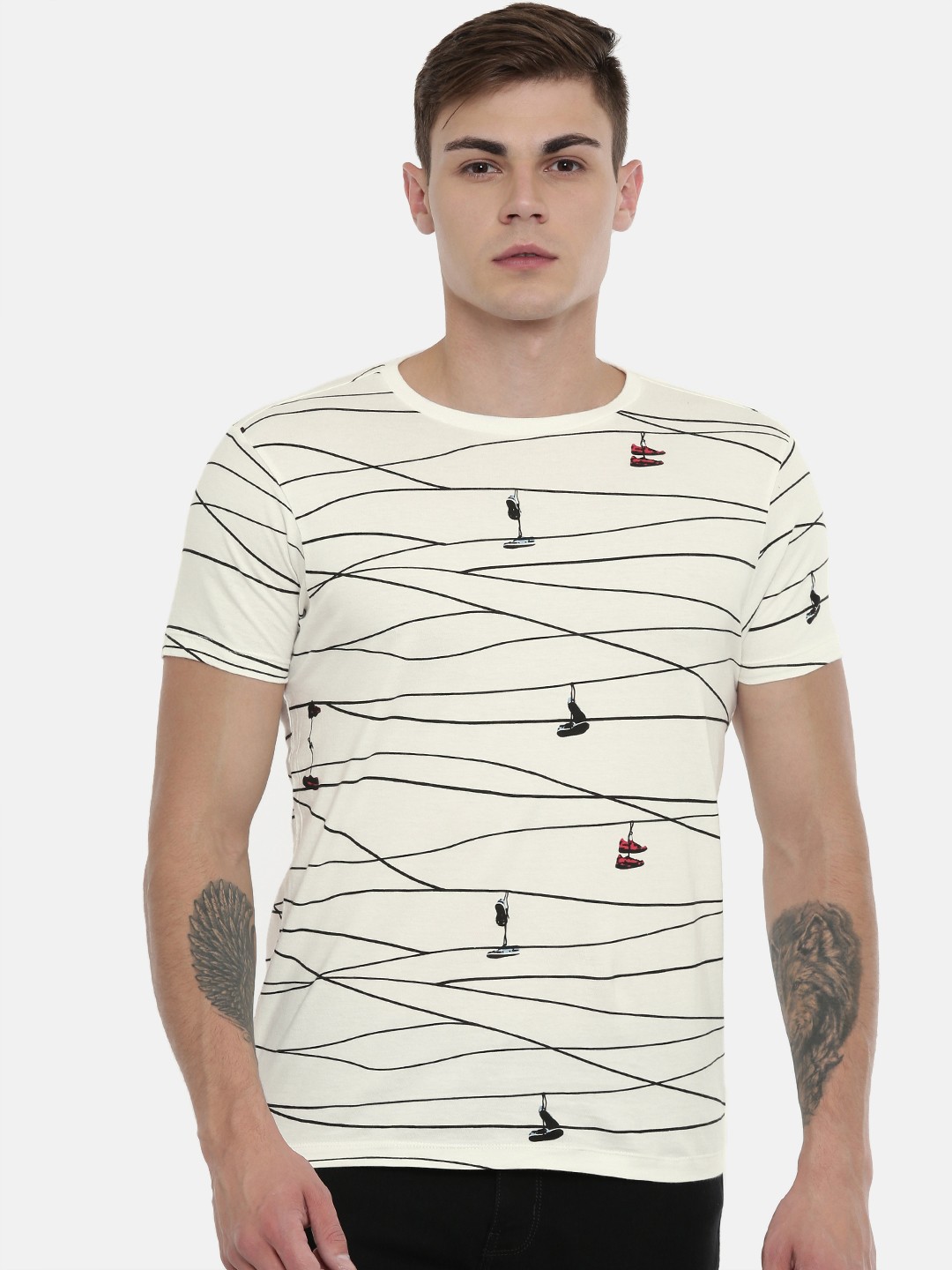 

Pepe Jeans Men Off-White Black Slim Fit Printed Round Neck Pure Cotton T-shirt
