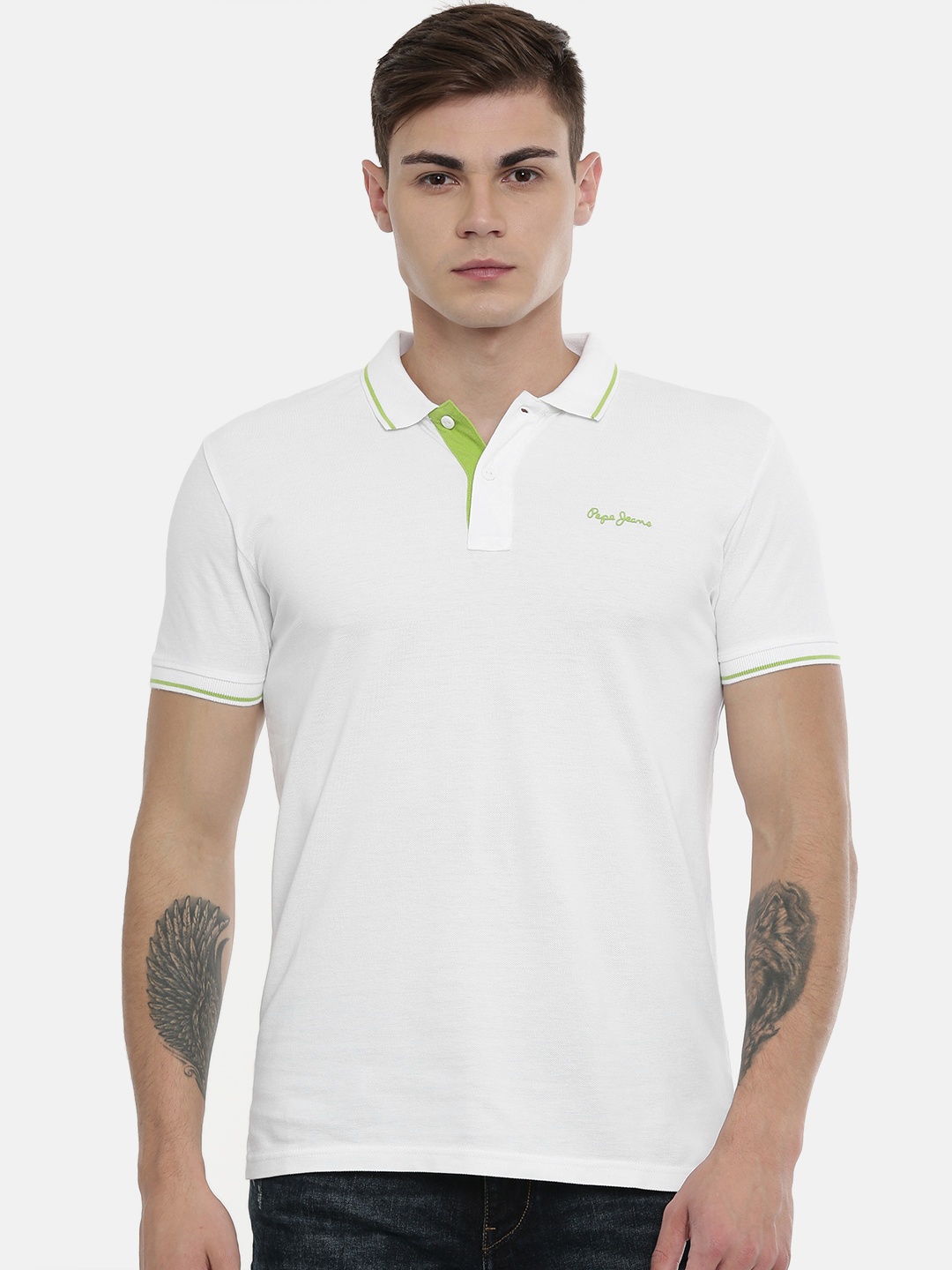 

Pepe Jeans Men White Solid Polo Collar Pure Cotton T-shirt