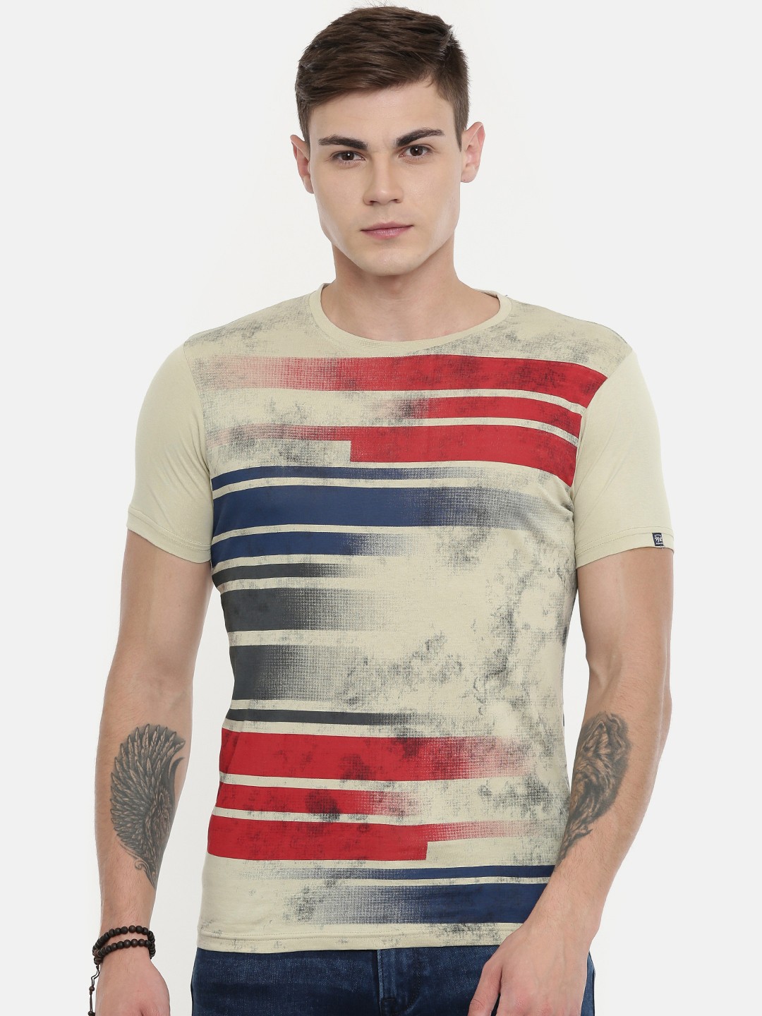 

Pepe Jeans Men Beige Striped Echo SS Slim Fit Round Neck Pure Cotton T-shirt