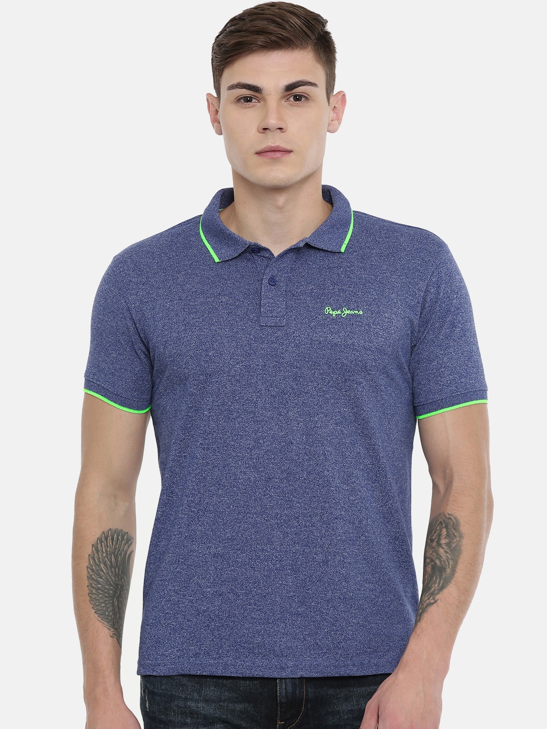 

Pepe Jeans Men Blue Solid Polo Collar T-shirt