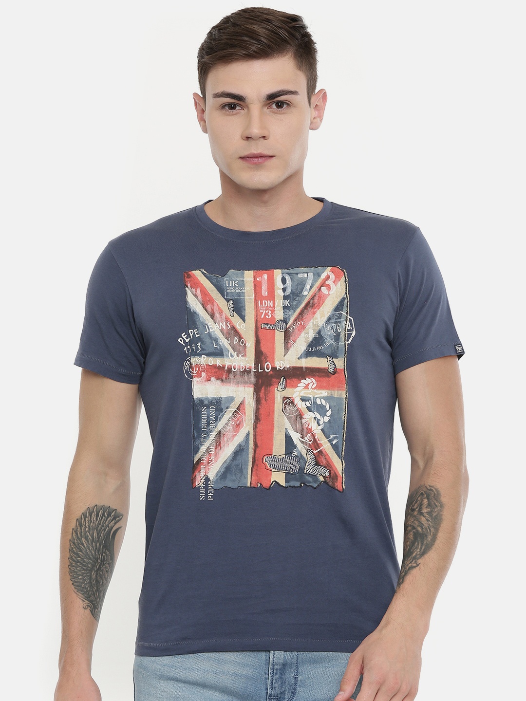 

Pepe Jeans Men Blue Slim Fit Printed Round Neck Pure Cotton T-shirt